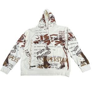 FWRD Denim Hoodie Sz L Ivory Graphics Inside Fleece Men’s Sweatshirt